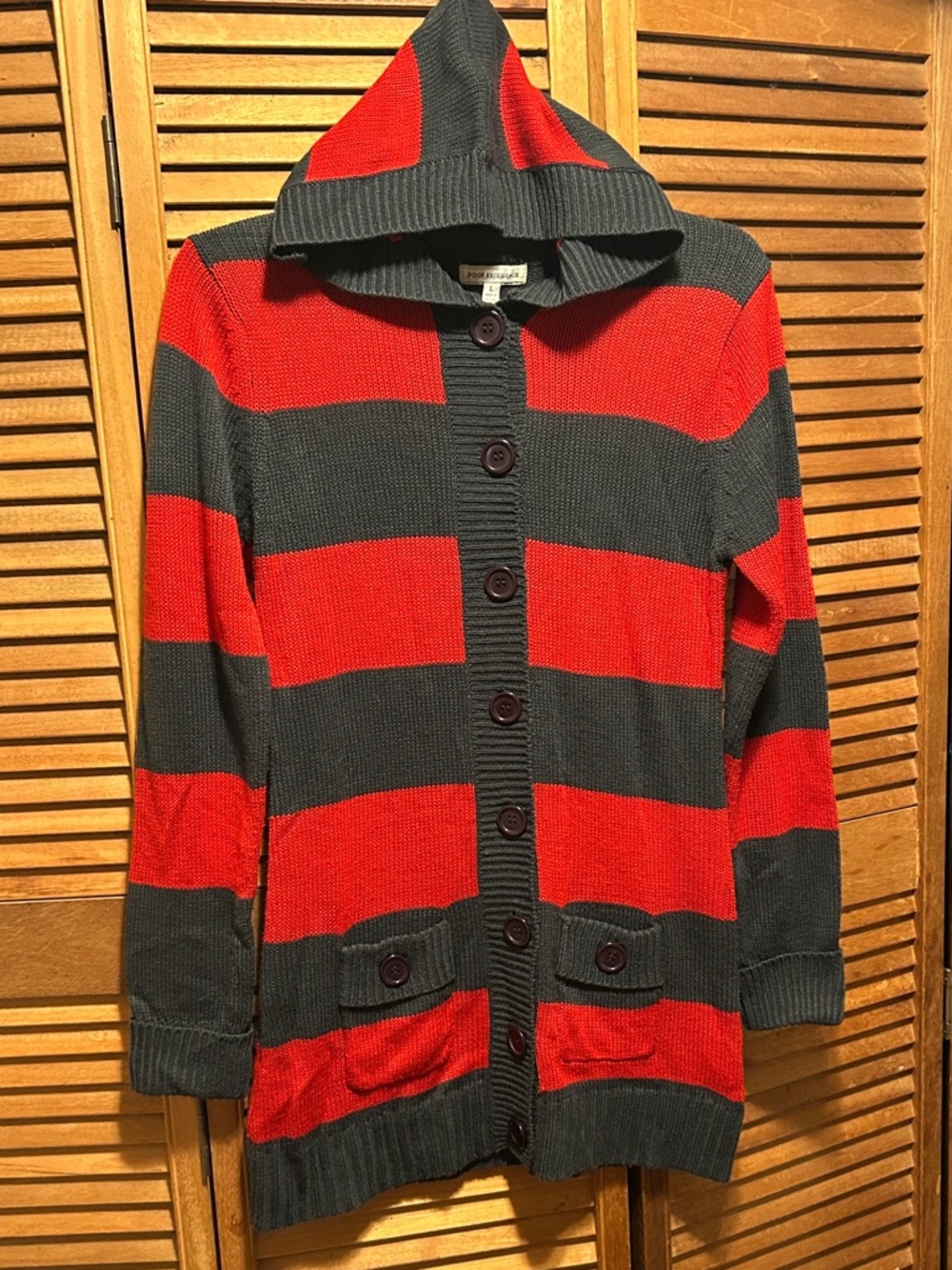 Vintage Poof Excellence Hooded Button-Front Sweater in Red and Navy Blue Stripes